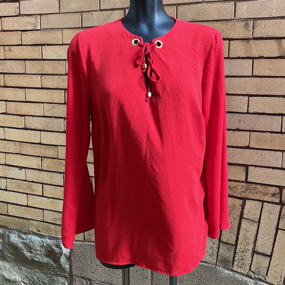 Michael Kors Red Bell Sleeve Blouse with Rhinestone Tie  Size Medium